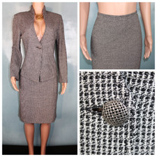 St. John Knits Black Cream Jacket Skirt L 10 12 2pc Suit Button Mandarin Collar