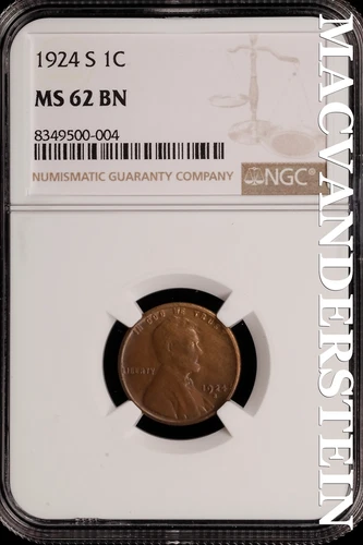 1924-S Lincoln Wheat Cent - NGC MS 62 BN - Scarce  No Reserve  #SLH87