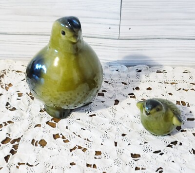 Vintage Green Glaze Quail and Chick Ceramic Figurines