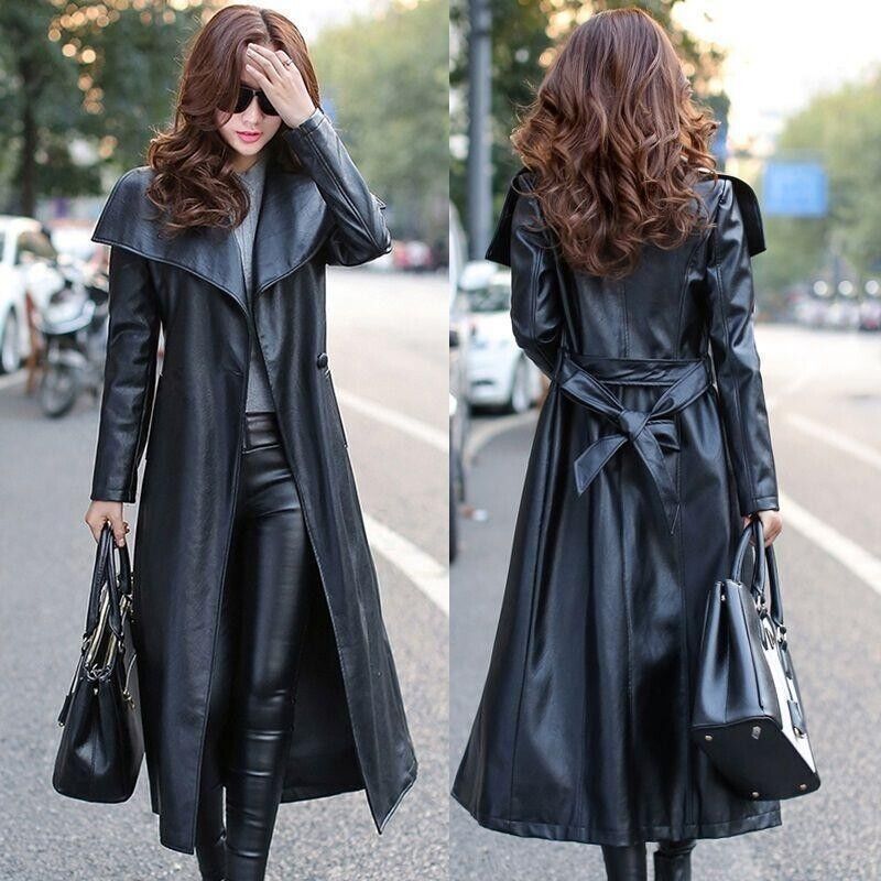 Black Leather Trench Coat Women's Genuine Cowhide Winter Long Overcoat Jacket Black Leather Trench Coat Women's Genuine Cowhide Winter Long Overcoat Jacket