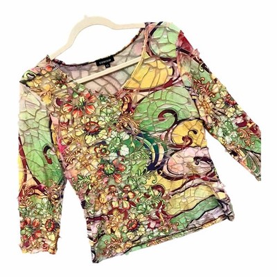 VTG 90s Cubism Mesh Top Textured Abstract Artsy Mosaic Phoebe Boho Women s Sz XL