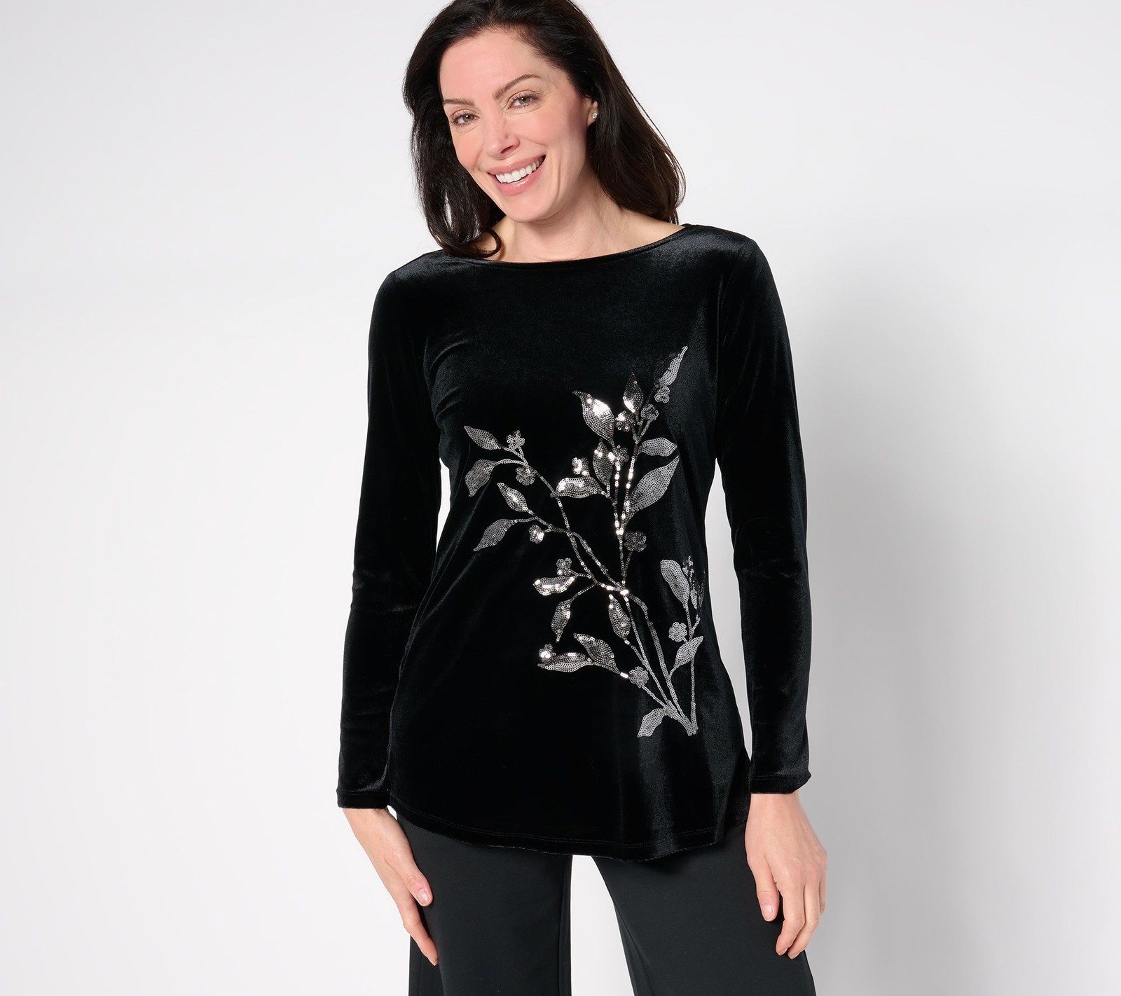 BEAUTIFUL by Lawrence Zarian Women's Top Sz L Velvet Placed Sequin Black A670927