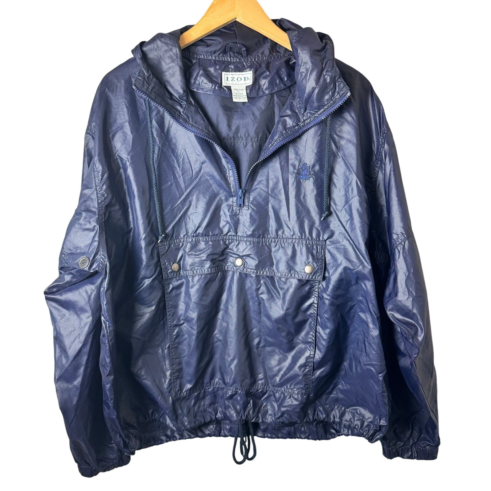 Vintage IZOD Windbreaker Mens Large Hooded Retro Preppy Packable Nautical Blue