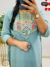 Women  s Embroidered Kurta Set Powder Blue Cotton Ethnic Tunic Mirror Work Top