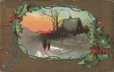 XMAS Merry Christmas Winter Scene with House,People,and Holly Border 1909 Norwal