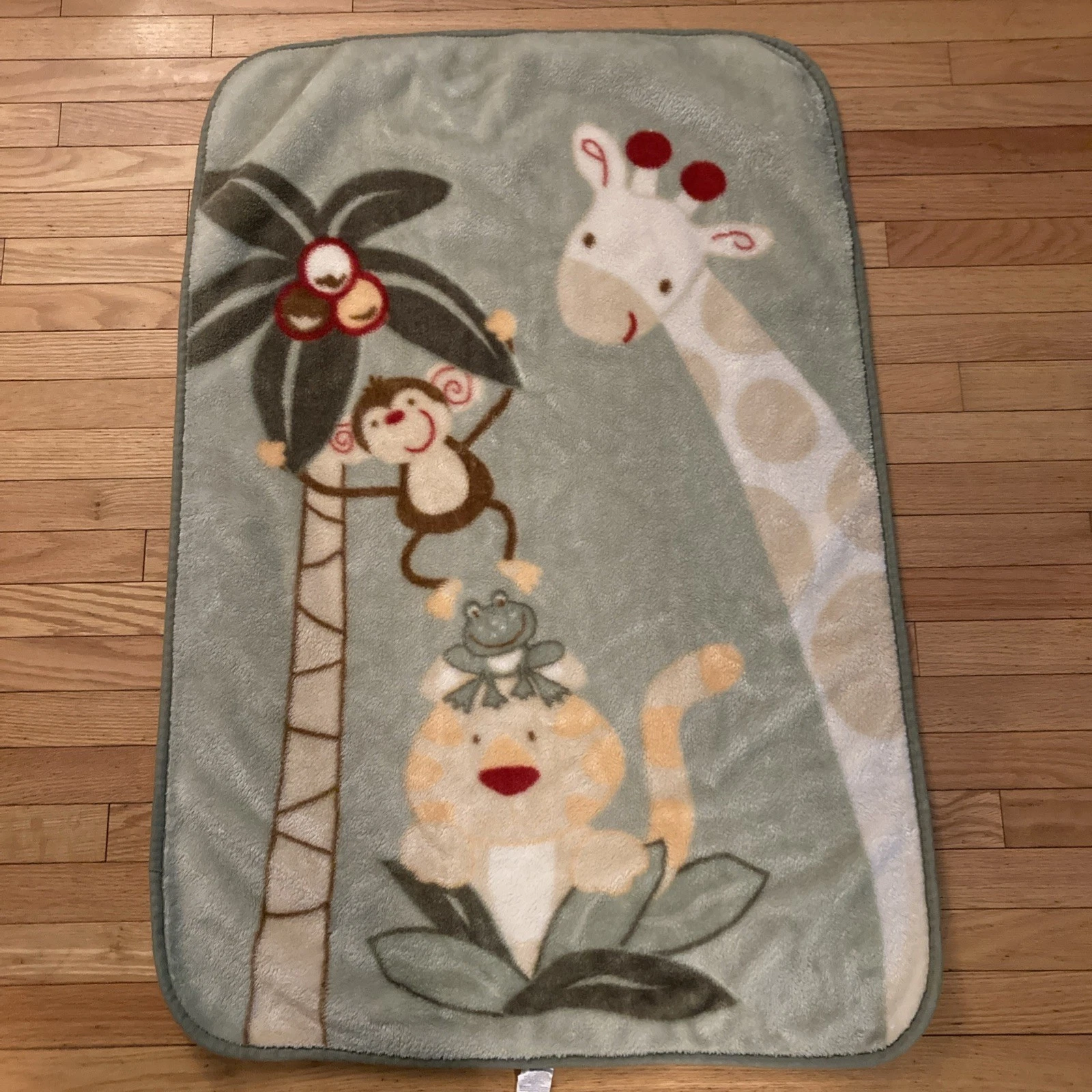 Green Jungle Monkey Giraffe Tiger Frog Crib Blanket Thick Plush Nojo 30” X 45” Z