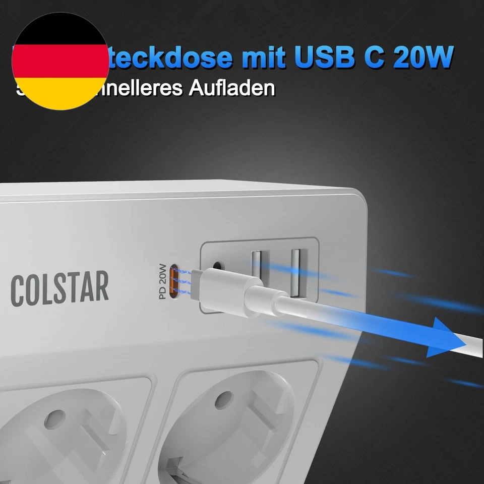 Steckdosenleiste Schreibtisch Mit USB C PD 20W, 3 Fach Mehrfachsteckdose Mit 2M - Bild 4 von 4