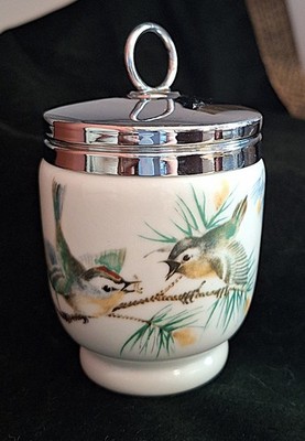 Vintage Royal Worcester Porcelain Egg Coddler w/Chrome Metal Lid Birds & Floral