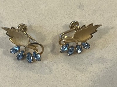 Vtg 1/20 14K Gold Filled Leaf Blue Rhinestone Screw Back Earrings DEC DCE