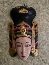Vintage Balinese Hand-Carved Wooden Mask – Gilded & Painted Wall Art – Goddess