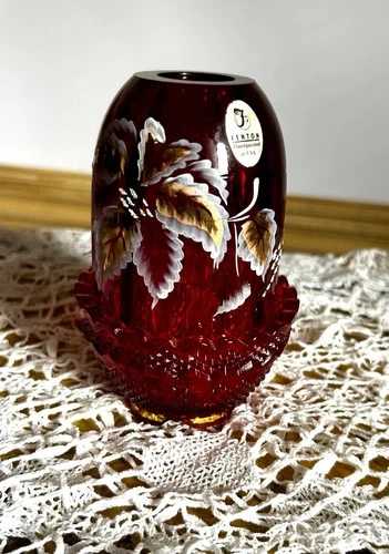 VTG Fenton Ruby Red Glass Fairy Lamp Gold Gilt Leaves Fairy Light Candle Holder