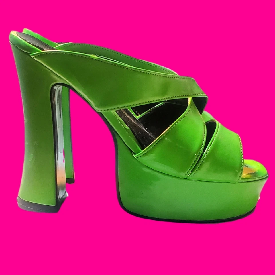 VINTAGE AÑOS 90 RUSH HOUR EXPRESS Bazzar VERDE LIMA Tacones Hexagonales Plataforma Mules Retro Foto 4 de 4