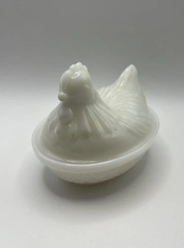 VTG Hazel Atlas White Milk Glass Hen on Nest Dish Spring Easter Farmhouse 4"