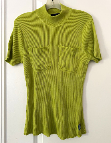 KENZO JEANS Green Rib-Knit Mock Neck Short Sleeve Viscose Pullover Womens L