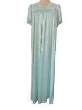 Vtg 80s Shadowline Nightgown Mint Green Nylon Lace Flutter Sleeve Long Gown USA
