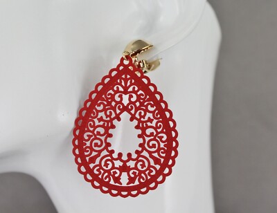 Red Clip On earrings filigree teardrop pendant clips lightweight 2.5'' long