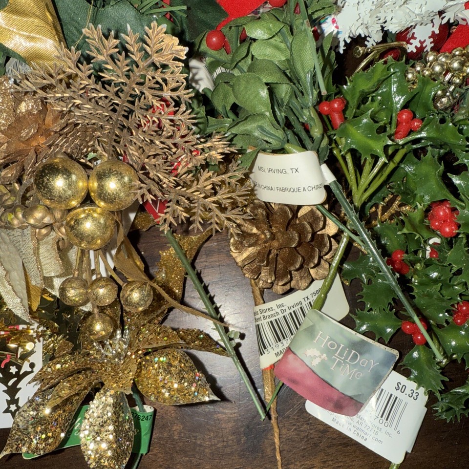 Christmas Poinsettia Stems Artificial Flowers Berries Crafters Lot Over