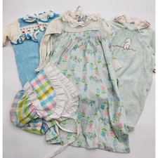 Vtg Baby Girl Blue Lot 0-2 yr One Piece Sleepers  Dress with Checkered Bonnet