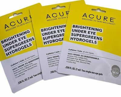 ACURE Brightening Under Eye Mask Super Greens Hydrogels Soothe Depuffs, 3 Pack