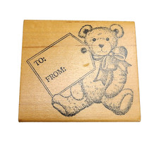 Holiday Gift TO FROM Tag Wood Rubber Stamp Teddy Bear with Neck Ribbon