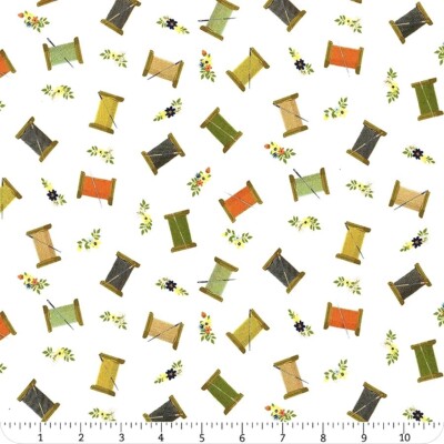 By The Yard ~ Sewing Thread Spools on White By Riley Blake Cotton Fabric