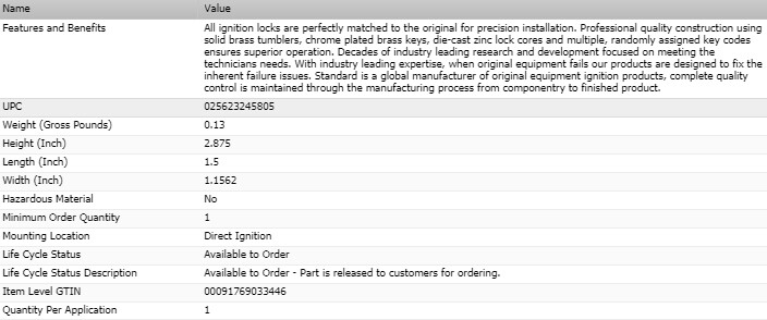 STANDARD Ignition Lock Cylinder with Keys for 1965-1968 DODGE CORONET