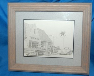 DON GREYTAK Mini Print Matted and Framed Texaco Gas Station Scene