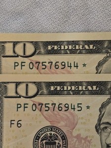 2017A $10 Federal Reserve Notes Lot of 2 Consecutive Star Notes