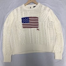 Polo Ralph Lauren Cream Aran Knit Cotton USA Flag Sweater Medium Imperfection
