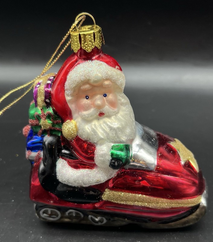 4" Glass Santa Snowmobile - Christmas Ornament - Red - Presents -  Gold Star