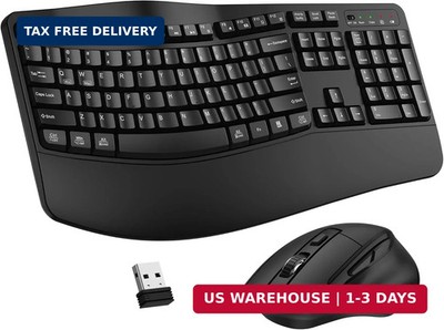 Wireless Keyboard and Mouse Combo, 2.4G Full Size Wave Keys Ergonomic Keyboard w