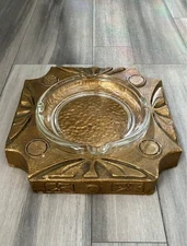 XL Vintage Gold Glass JARU MCM Ashtray Ancient Roman Coin Design Cigar Ash HEAVY