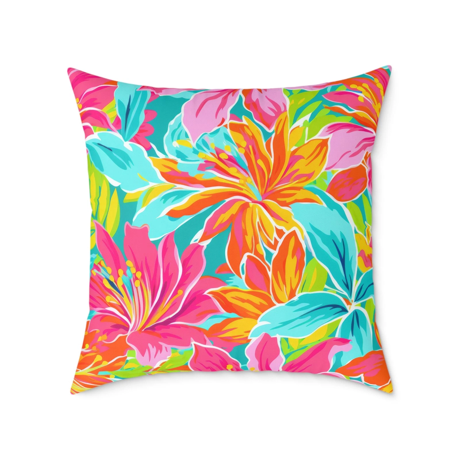 Tropical Floral Throw Pillow | Bright Hibiscus Pattern Square Pillow