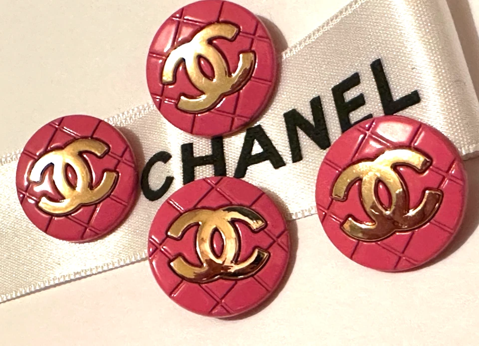 4 Stamped Chanel Buttons Quilted Metal Pink & white CC logo, Iconic, 20mm - Image 4 of 4