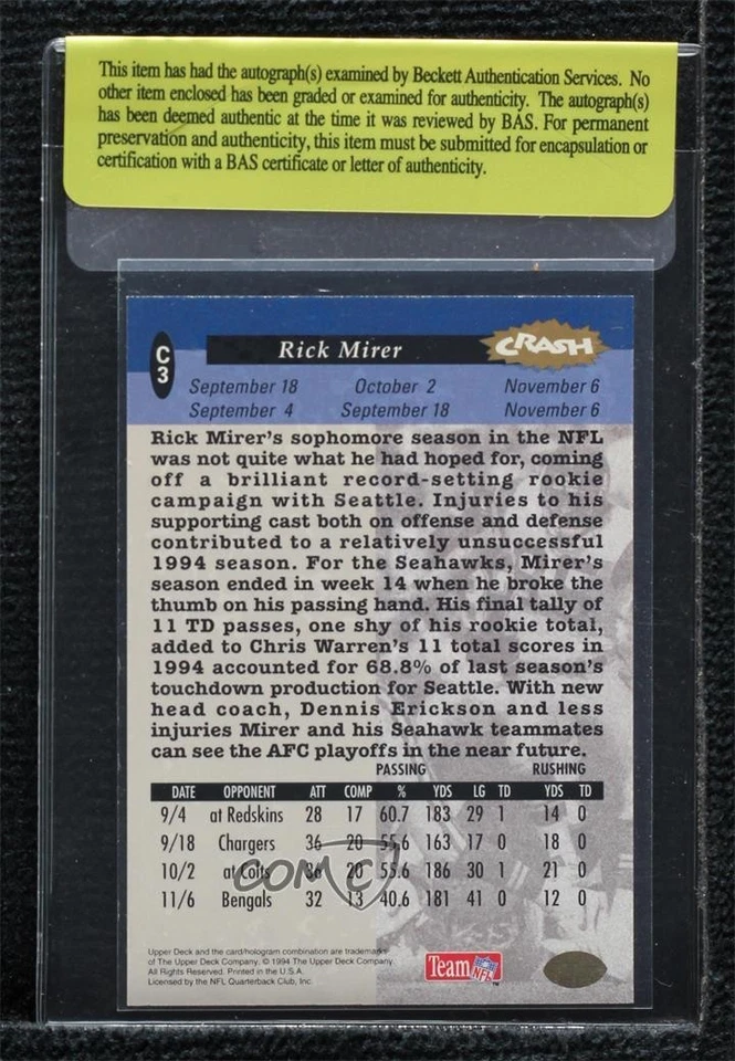 BAS 1994 Collector's Choice Crash the Game Gold Prize Rick Mirer #C3 Authentic - Image 2 of 2