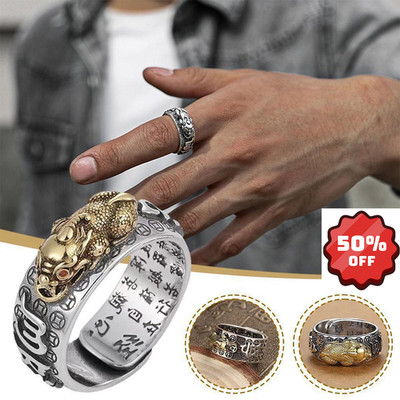 Silver Feng Shui Pixiu Adjustable Ring MANI Mantra Protection Wealth Ring USA