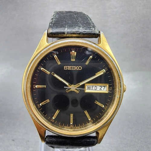 Seiko Watch Men 34mm Black Dial Gold Tone Daydate Round 7N43-8A89 New Batt READ!