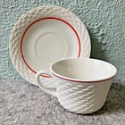 Anchor Hocking Fire King White Vitrock Red Stripe Fish Scale Cup Saucer Vintage