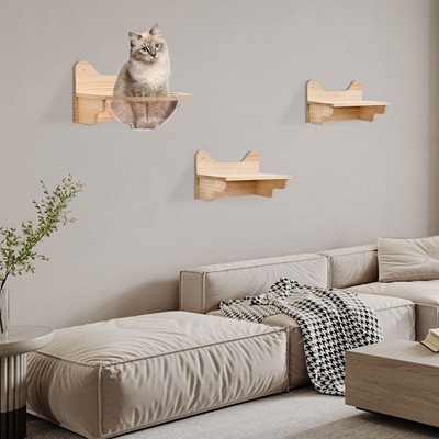 Wall-mount Cat Bed W/ 2 Jumping Platforms Wooden Cat Space Capsule Space-saving