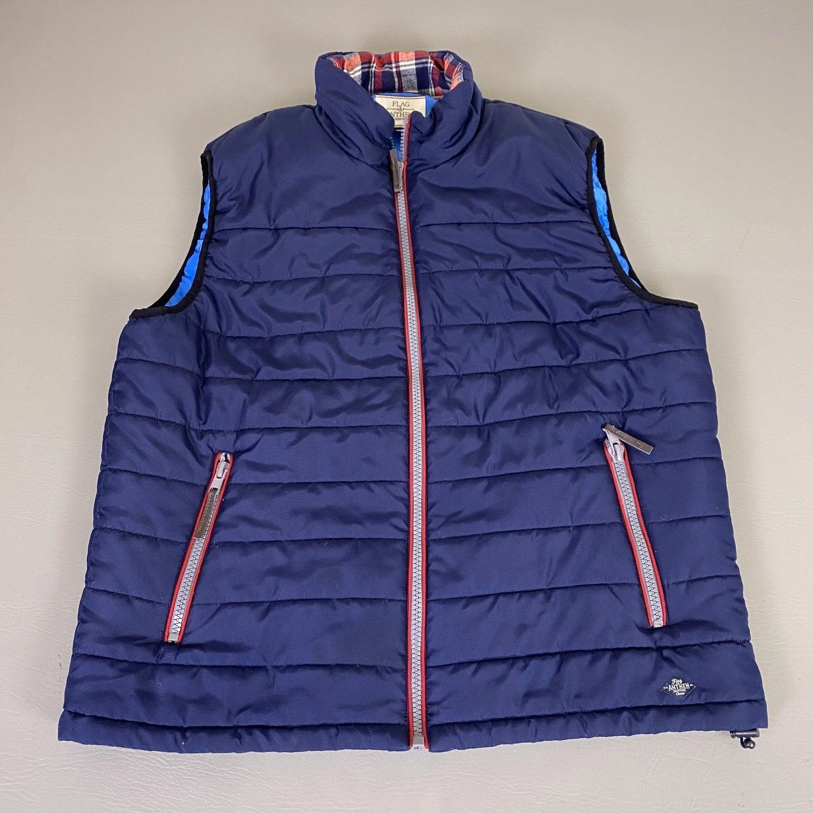 Flag and Anthem Puffer Vest Men's XL Navy Blue Plaid Collar Full Zip Quilted