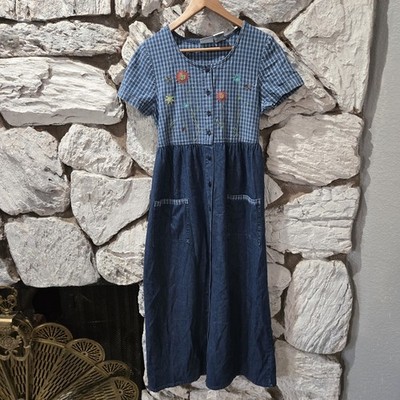 bobbie brooks denim dress Bobbie Brooks Denim Dress Women's S 4/6 Cottagecore Embroidered Short  Sleeve