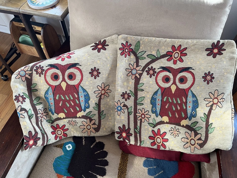 VTG Owl Bohemian Accent Pillow Shams Set 2 Multi Midcentury Modern Flower Power - Image 4 of 4
