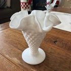 Vintage Fenton Hobnail Milk Glass Ruffled Top Miniature Trumpet Vase 3.75”
