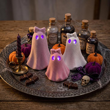 Flocked Pink White Ghosts Decor, 3Pcs Light up Ghost Figurine for Halloween