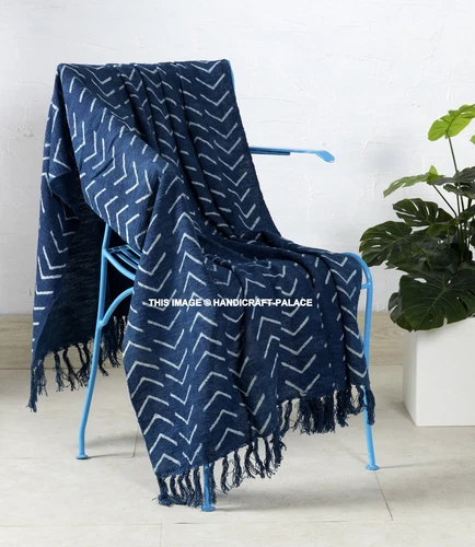 Indigo Hand Block Printed Throw Blanket Boho Mud Cloth Indian Sofa Bed Throw 70'