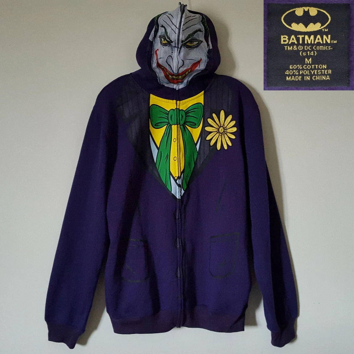 2014 DC Comics Joker Mock Coat & Tie Full-Zip Purple M Hoodie. Cosplay Face-Mask