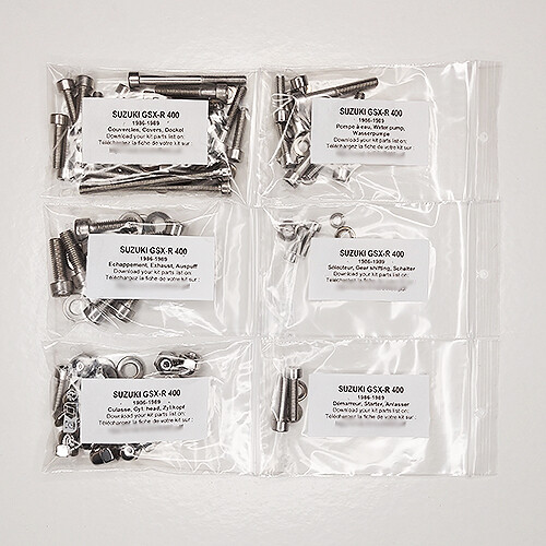 Suzuki GSX-R 400 kit vis moteur carter rechange boulonnerie acier inox 1986-1989