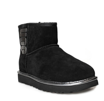 UGG CLASSIC MINI RUBBER LOGO WOMEN ANKLE BOOTS BLACK METALLIC US 9