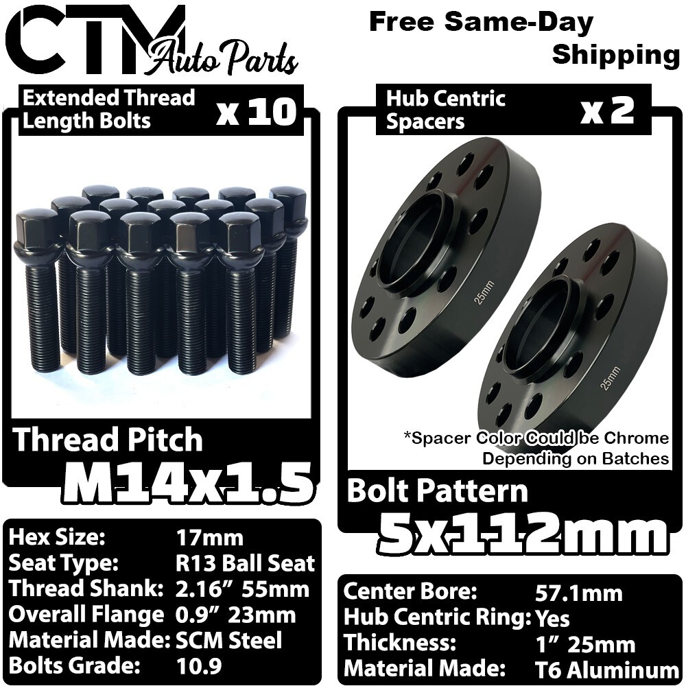 2x 25mm Thick 5x112 57.1mm CB Wheel Spacer Black Bolt Audi McLaren Stock Wheels