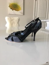 $1,336 NARCISO RODRIGUEZ BLACK GRAY PATENT LEATHER SUEDE HEELS SHOES SIZE 37.5